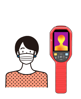 「ハンディタイプサーマルカメラ」で検温している女性のイラスト